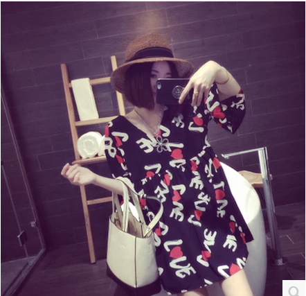 2015夏季新品韩版街头时尚爱心字母v领印花短袖雪纺连衣裙灯笼裙