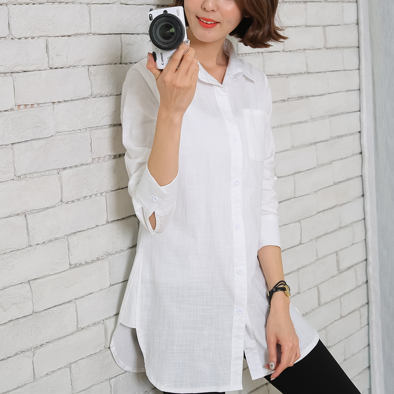 【SUMIA】原创设计2016夏季中长款白长袖衬衫女 棉麻打底衬衣潮