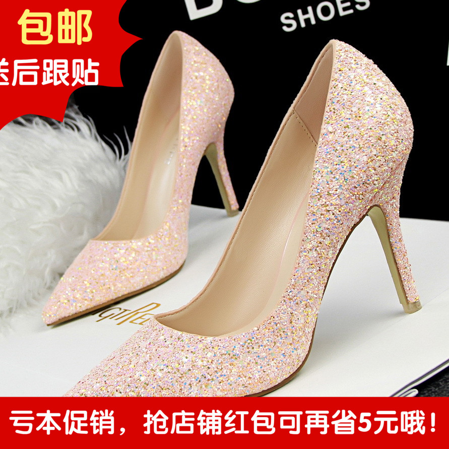 939-2韩版时尚甜美婚鞋女鞋细跟高跟浅口尖头水晶亮片单鞋 高跟鞋