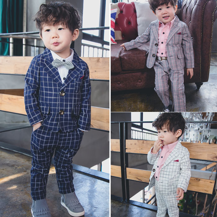 小孩西装男套装格子春秋薄款韩版男童套装儿童西服花童礼服0-4岁