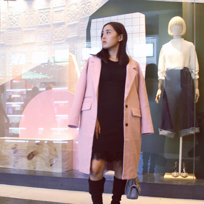 2015秋冬新款韩版女式纯色中长款毛呢风衣长袖宽松显瘦休闲外套潮