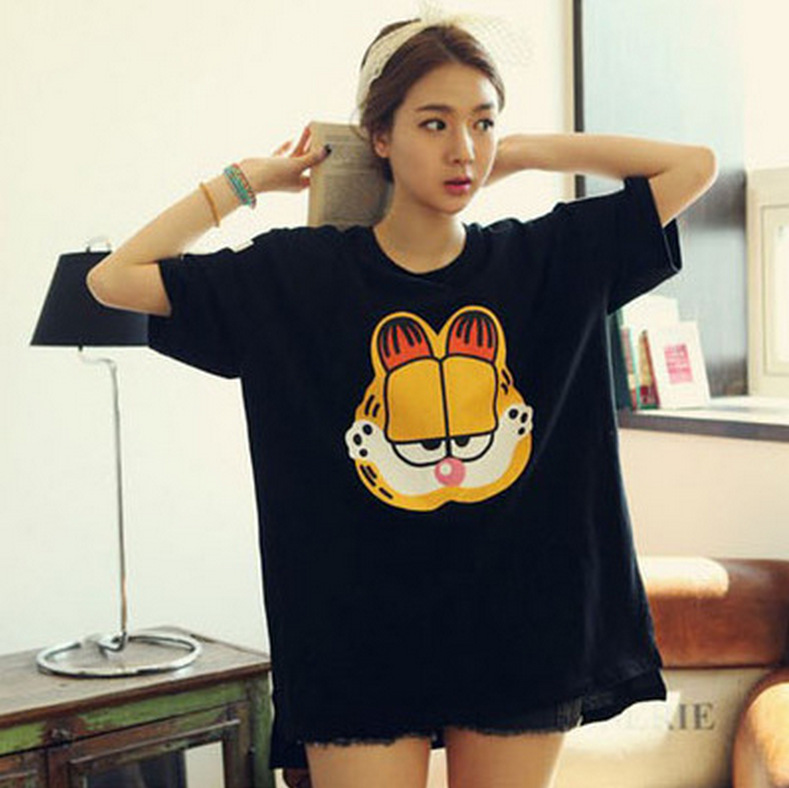 2015夏季新品 韩版超宽松大码中长款长短摆加菲猫短袖t体恤女