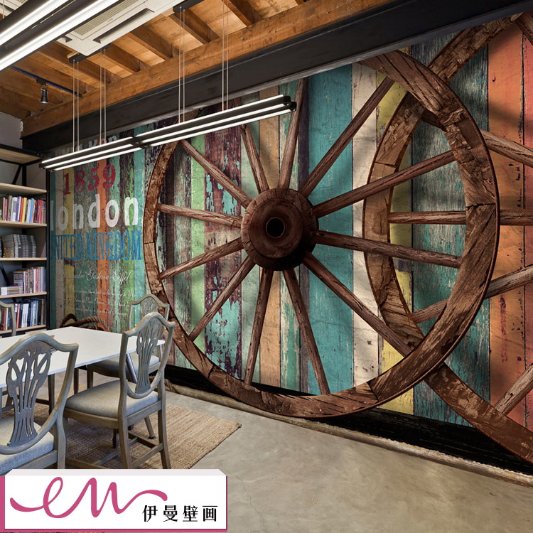 3D复古木纹车轮大型壁画怀旧奶茶咖啡服装店餐厅墙纸砖纹壁纸自贴