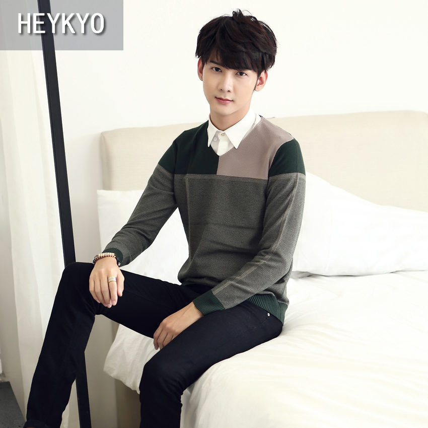 HEYKYO男装 2015秋装新款 拼色V领套头毛衣 韩版修身薄款针织衫