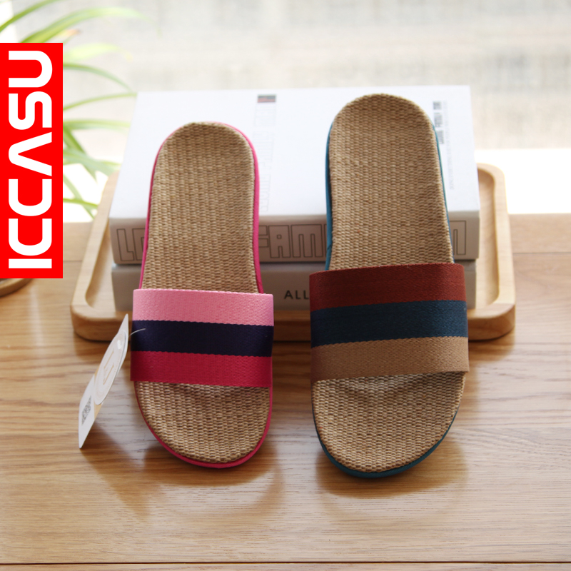 ICCASU新款夏季 男女情侣款 室内地板防滑三色条纹 居家亚麻拖鞋