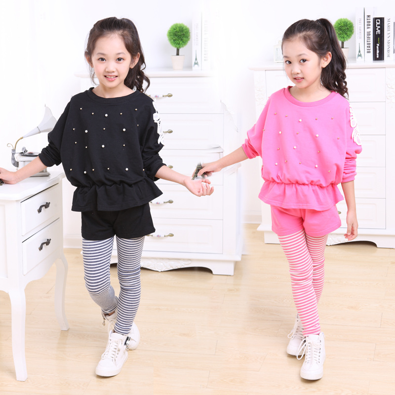 2015年秋季新款童套装韩版时尚休闲套装蕾丝钉珠可爱甜美套装代发