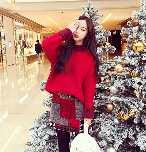 2015冬装新款韩版圣诞红不规则撞色几何纹毛呢A字半身裙女