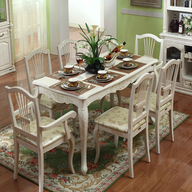 欧式套房家具 餐厅组合套装 餐桌椅 一桌六椅四椅 水曲柳实木白色