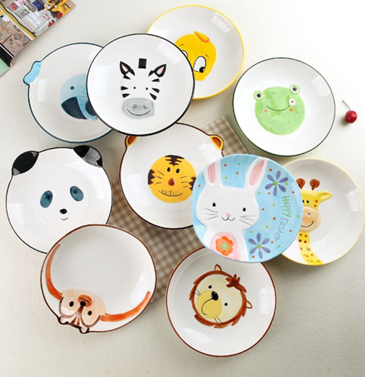 日式可爱卡通儿童餐具陶瓷手绘3D圆盘菜盘创意饭盘动物盘