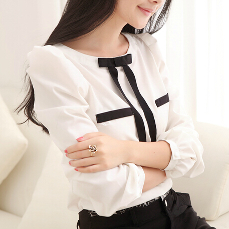 2015春装韩版新款女长袖雪纺衫蝴蝶结上衣显瘦OL衬衫泡泡袖打底衫