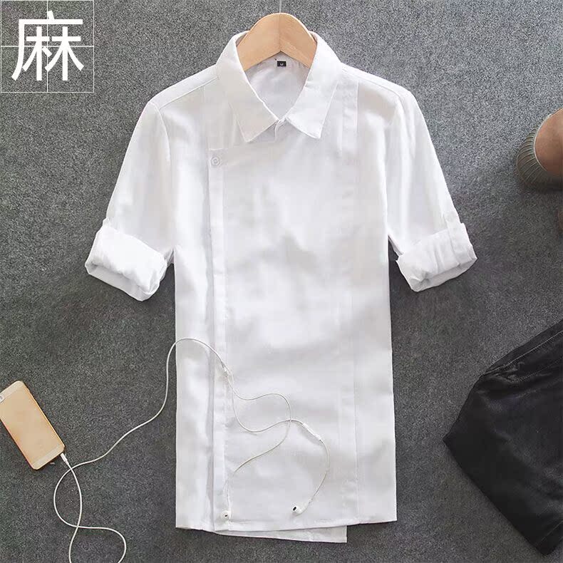 2016夏季男士纯色短袖衬衫韩版修身七分袖亚麻中袖潮流休闲衬衣