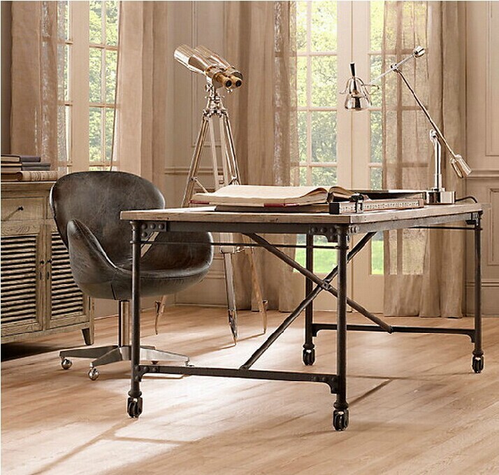 限时特价复古铁艺书桌 防锈做旧办公桌 实木工作台 移动电脑桌子