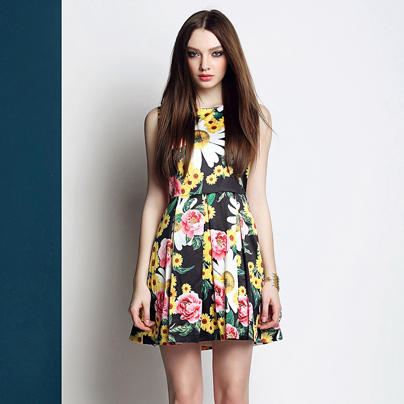2015夏季新款女装 欧美时尚甜美背心裙花朵印花无袖连衣裙短裙女