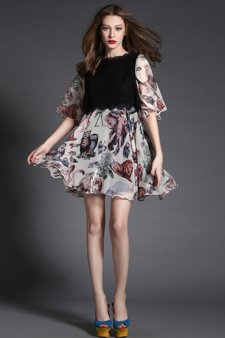 2015春夏新款欧美时尚大牌明星款蕾丝喇叭中袖修身连衣裙T2862