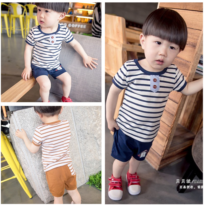 2015最新款夏季童装韩版纯棉短袖+短裤2件套男童条纹T恤半袖套装
