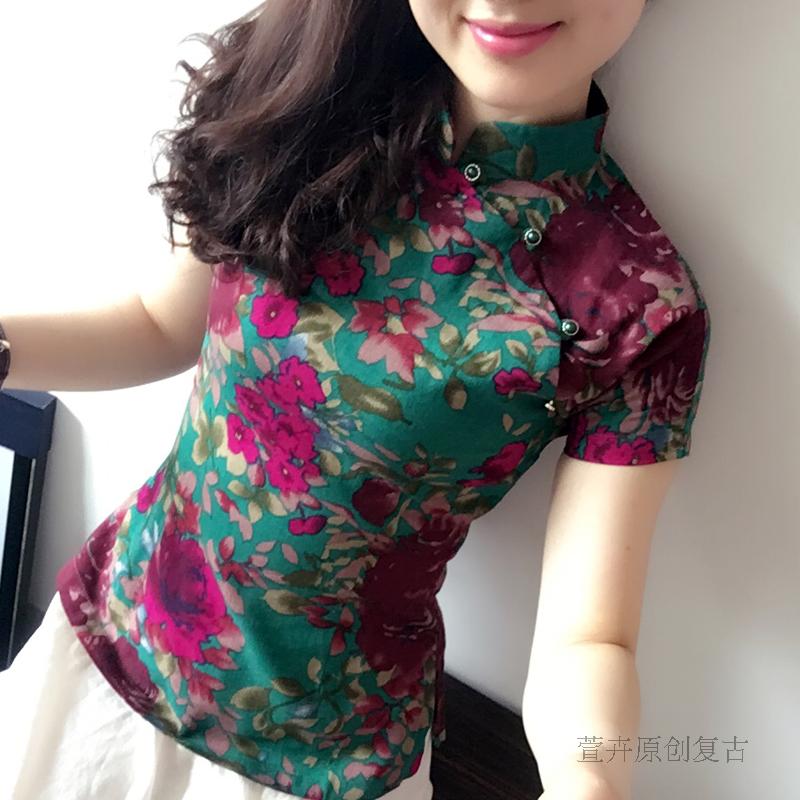2016夏款复古短袖旗袍棉麻上衣 中国风显瘦改良盘扣中式女式汉服