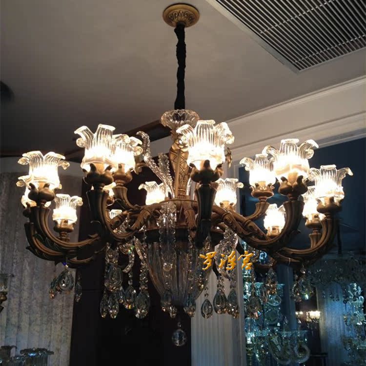 罗浮宫别墅客厅水晶灯复古欧式古铜水晶吊灯水晶花叶片吊灯餐厅灯