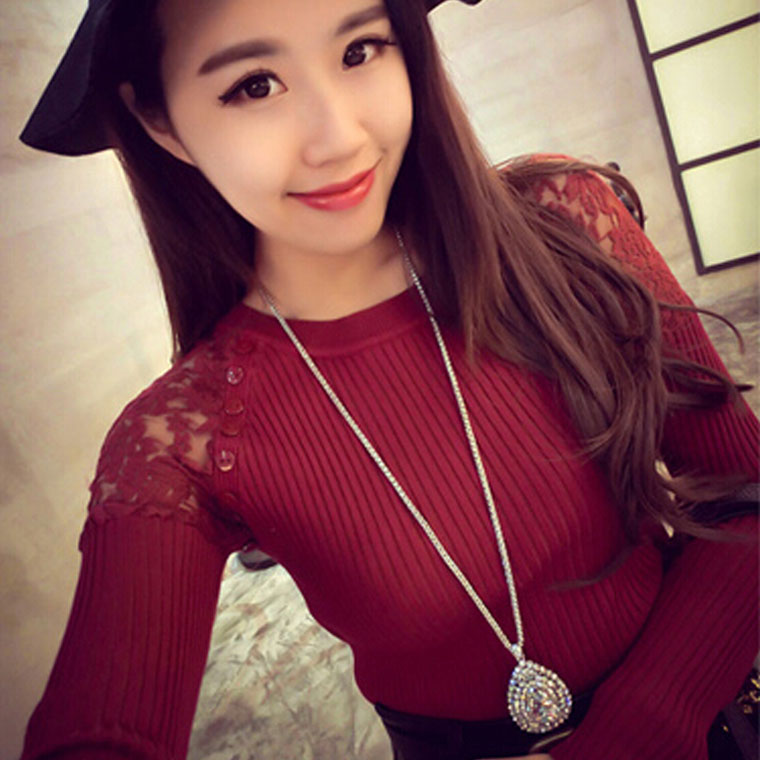 2015秋季新品女士上衣服韩版蕾丝衫修身显瘦针织长袖t恤女打底衫