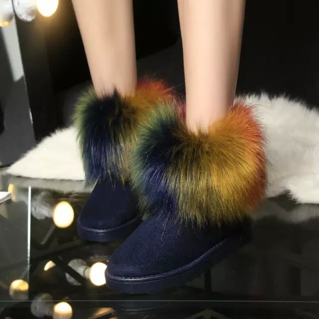 2015冬季新款时尚雪地靴彩色兔毛短筒靴平底鞋女靴子