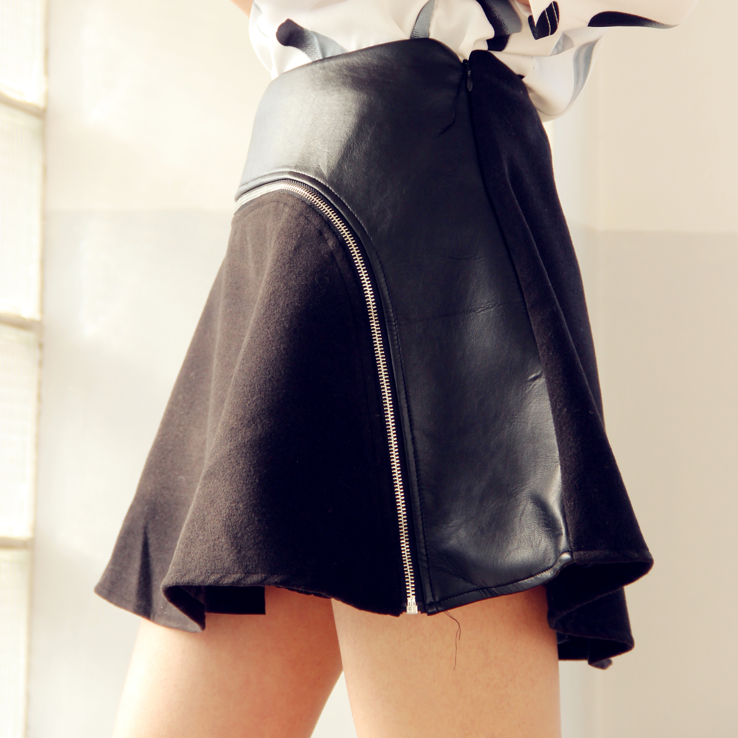 EVE2014新品首发设计师款 拉链装饰 毛呢拼皮 百搭半身裙