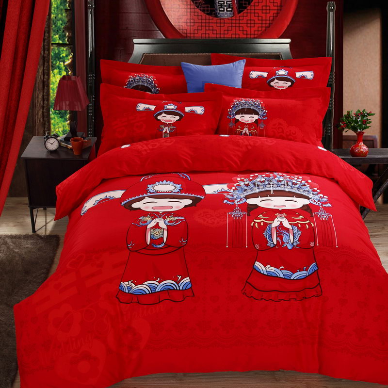 全棉生态磨毛加厚婚庆红色床上用品四件套结婚活性不掉色卡通可爱