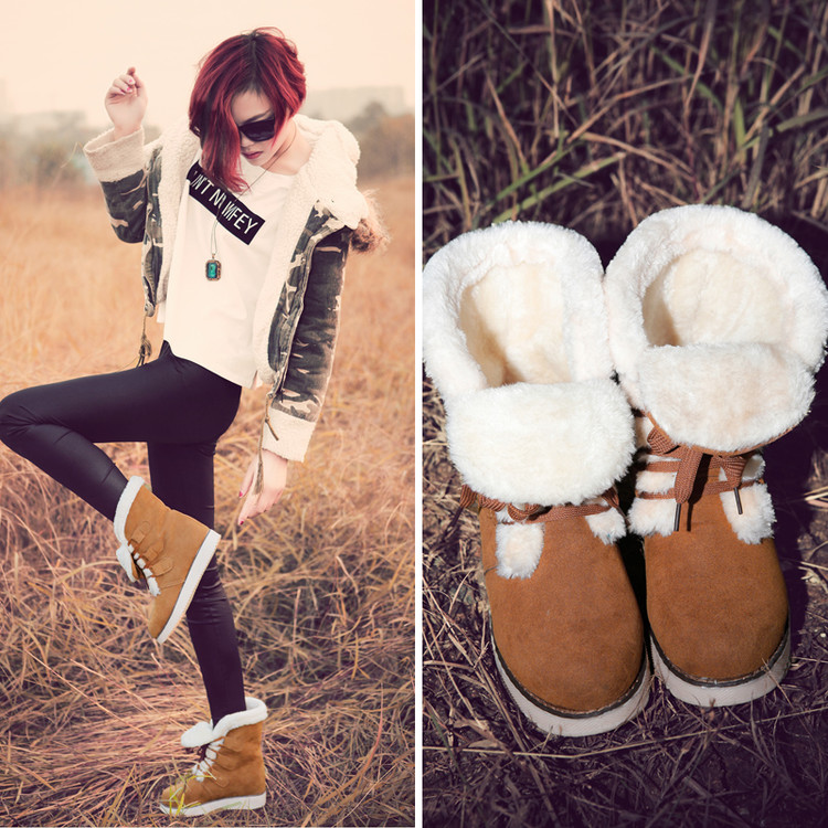 厂家直销2016冬季新款雪地靴厚毛保暖系带短靴子