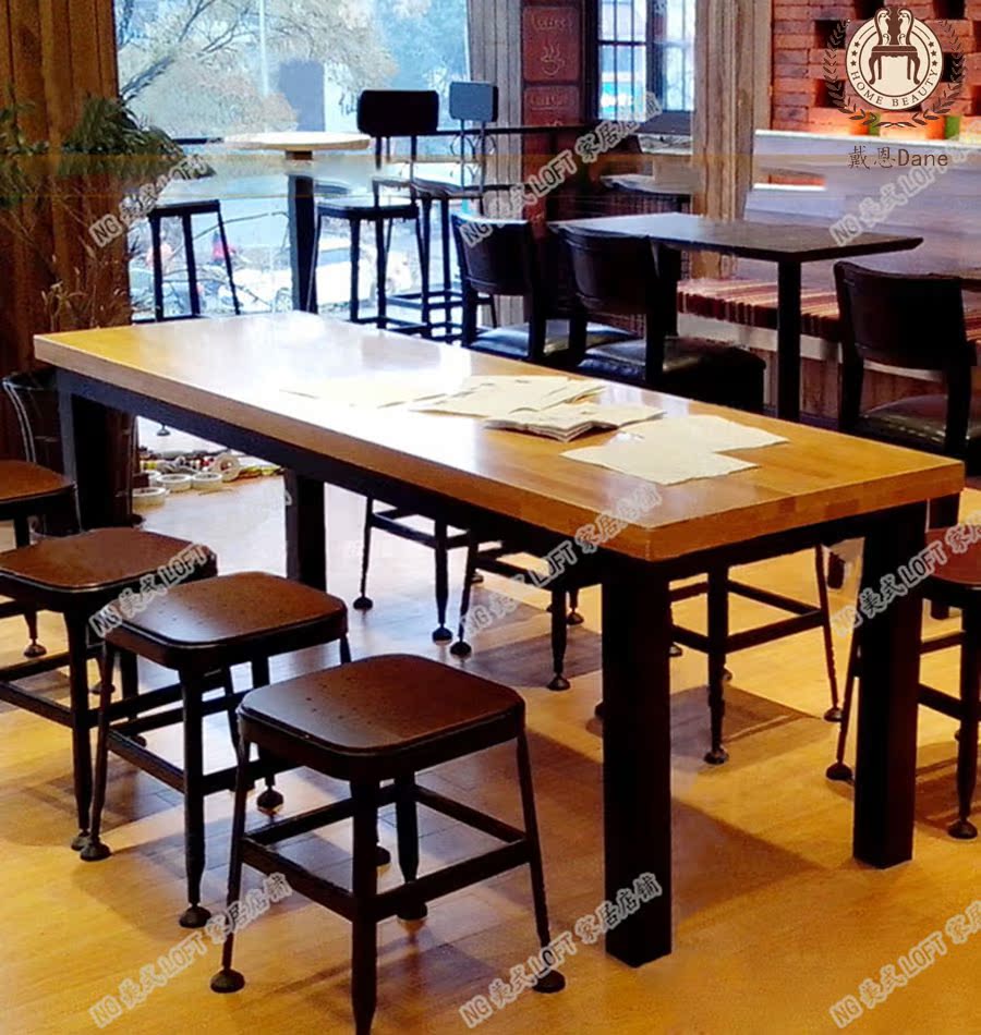 美式酒吧桌椅复古实木餐桌椅组合咖啡厅长方形铁艺餐桌 定制家具