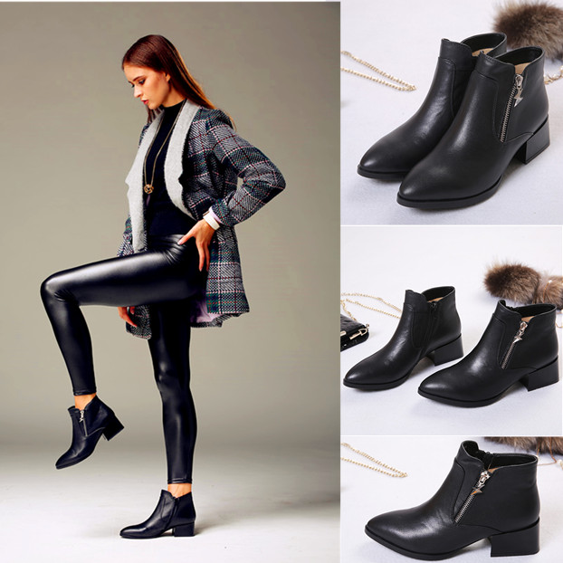 2015秋冬新款女鞋尖头中跟粗跟全真皮短靴韩版马丁靴单靴及踝靴潮