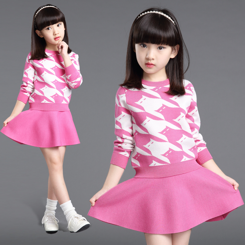 2015秋冬新款韩版儿童裙套装中大女童毛线套装女孩毛衣短裙套装