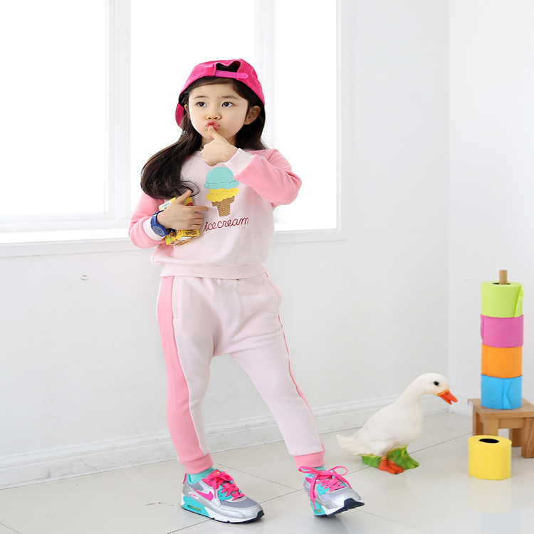 韩国童装2016春秋新款女童冰淇淋印花纯棉休闲卫衣运动套装中大童