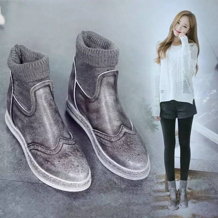 2015秋冬新款韩版女靴内增高中跟女短靴新潮复古平底靴子套筒透气