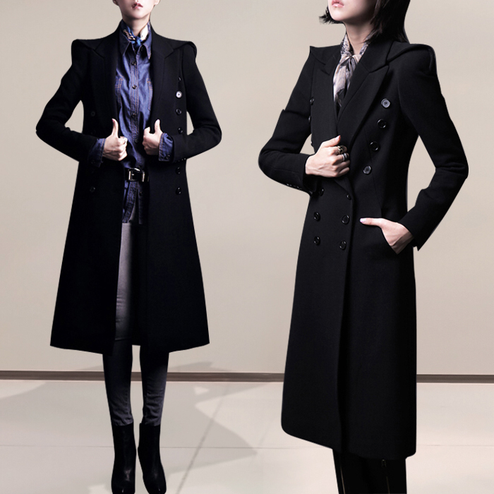 2015秋冬装新款欧美气质双排扣修身羊毛呢子大衣大码长款呢外套女