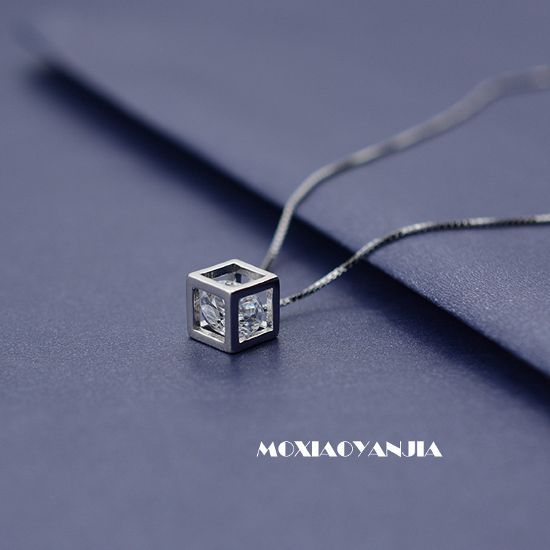 日韩式纯银项链s925锁骨链钻石吊坠盒子链闺蜜圣诞节礼物新首饰品