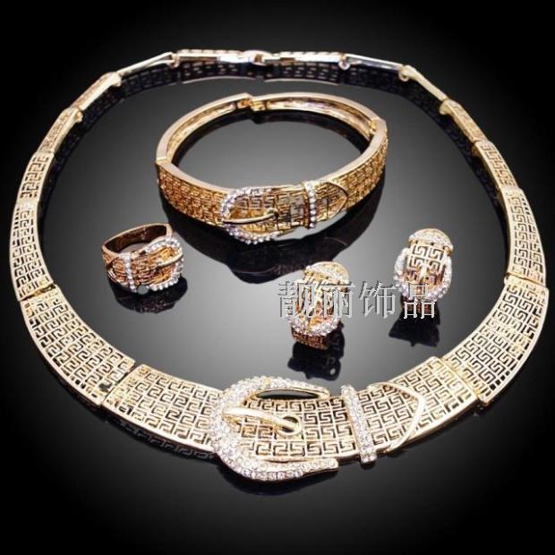 个性皮带造型合金镀24K黄金项链手链耳环戒指四件套 水钻首饰套装