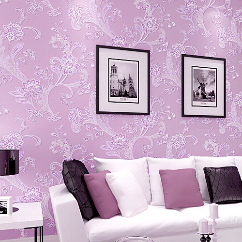 紫色田园无纺布墙纸 温馨浪漫大花 卧室壁纸 客厅电视背景墙粉色