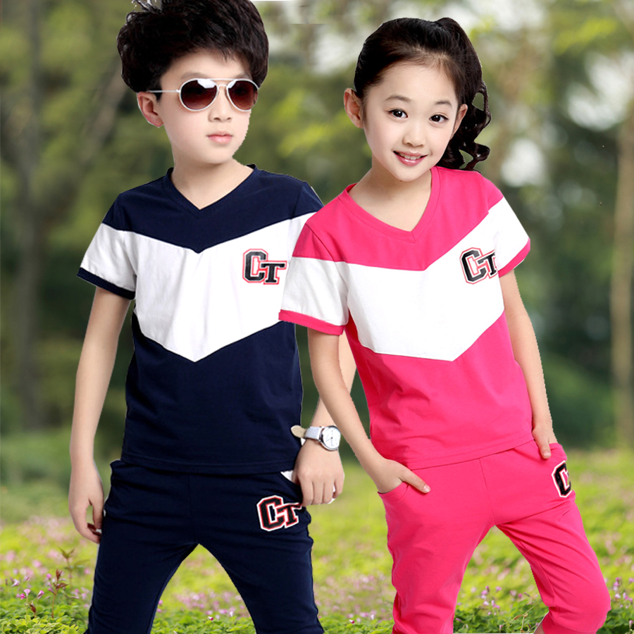 童装2016新款男女童夏装韩版潮中大童运动短袖T恤两件套装儿童