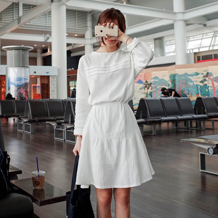 2015夏季新款女装棉麻淑女长袖清新森女中长款白色连衣裙A字裙