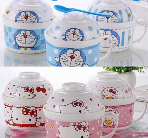 韩式KT叮当猫泡面大碗 超萌KT猫餐具三件套 卡通儿童陶瓷碗 包邮