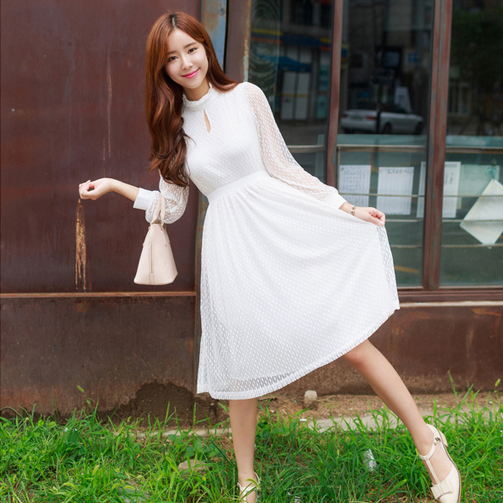 2015秋季新款女装 韩版小清新蕾丝修身优雅淑女显瘦中长款连衣裙