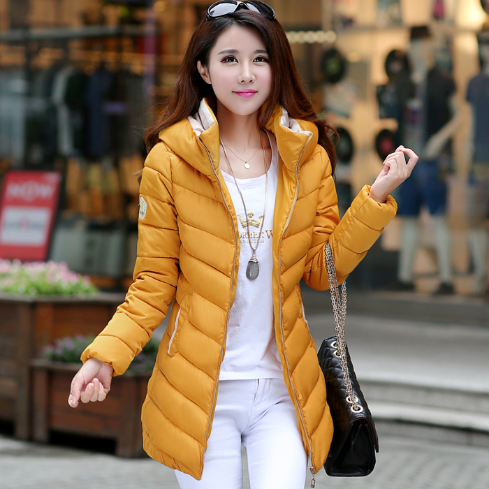 2015冬装女韩版时尚中长款修身羽绒棉服连帽糖果色棉袄气质外套