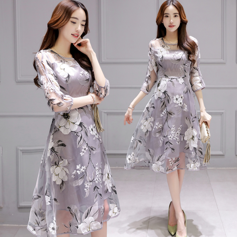 新款韩版时尚2016夏季显瘦七分袖圆领印花欧根纱中长款连衣裙