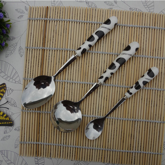 韩式不锈钢牛奶纹吃饭勺子创意 陶瓷手柄咖啡搅拌勺调羹圆勺餐具