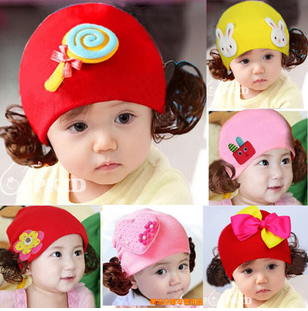 2015韩版秋冬婴幼儿女宝宝毛线套头帽子小孩假发帽公主帽0-1-2岁