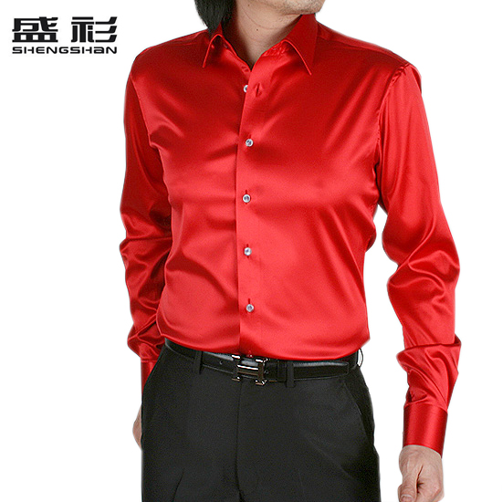 正品高档男装仿真丝绸缎修身翻领男士衬衣韩版休闲大红色长袖衬衫