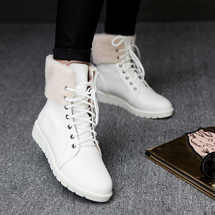 2015新款女鞋中筒靴马丁靴低跟平底系带橡胶PU学院毛绒冬季包邮