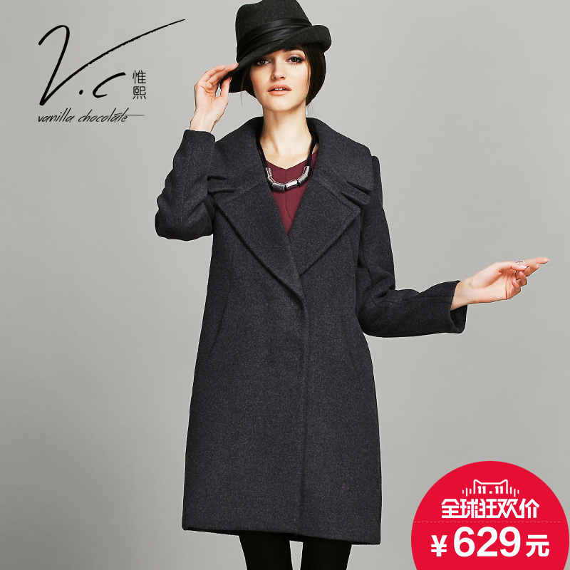 V.C原创高端2015冬季新款长袖毛呢外套女中长款欧美显瘦呢子大衣