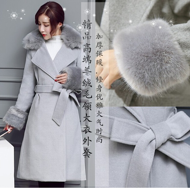 2015冬装新款毛呢外套女中长款韩版修身显瘦毛领呢子大衣加厚加棉