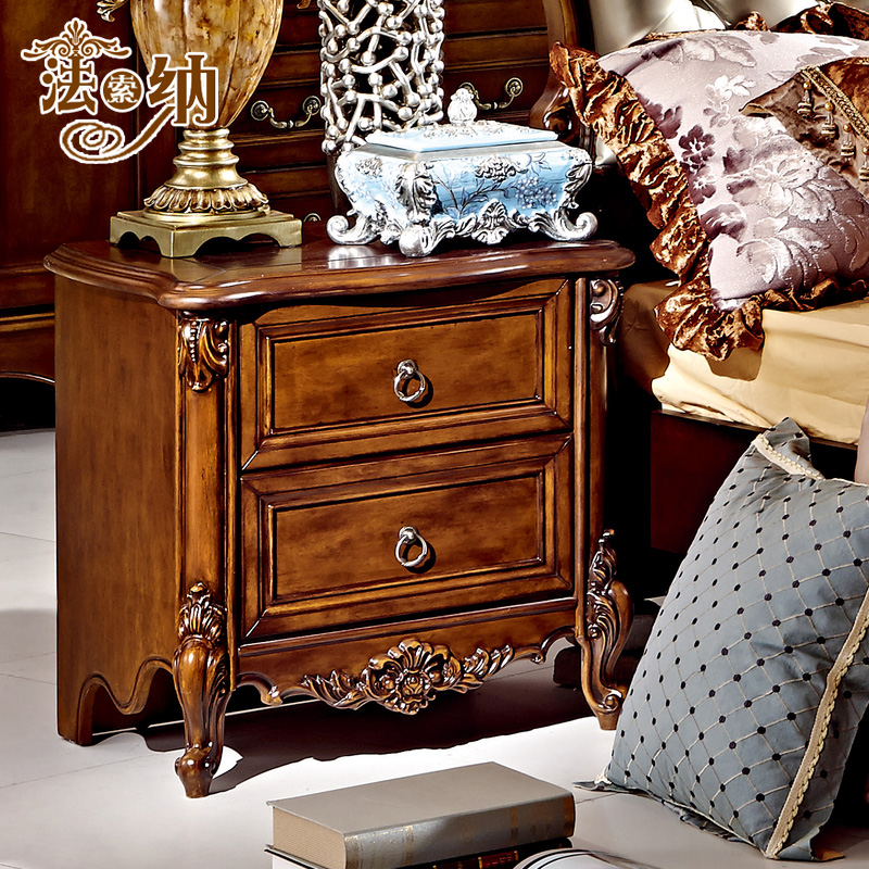 法索纳家具美式卧室床头柜 新古典实木雕花储物收纳柜带抽边几柜