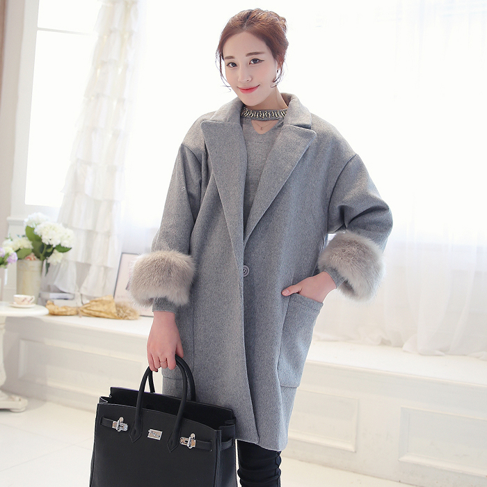 2015冬季新款呢外套韩版宽松可拆卸毛圈袖中长款双面羊毛呢大衣女