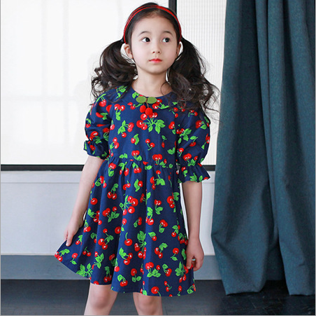 韩国高端童装可爱印花樱桃荷叶袖全棉小仙女公主女童连衣裙